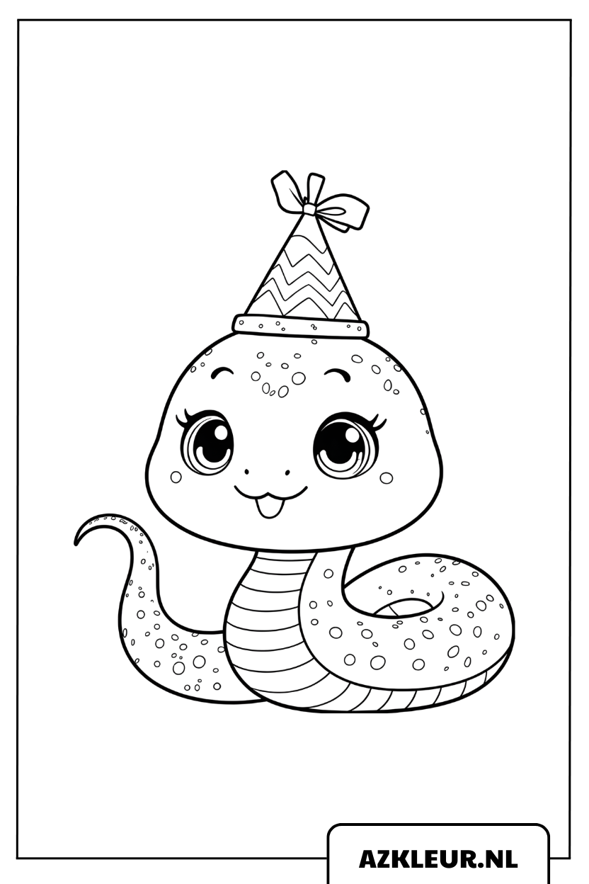 Kleurplaat Slang met een verjaardagsmuts