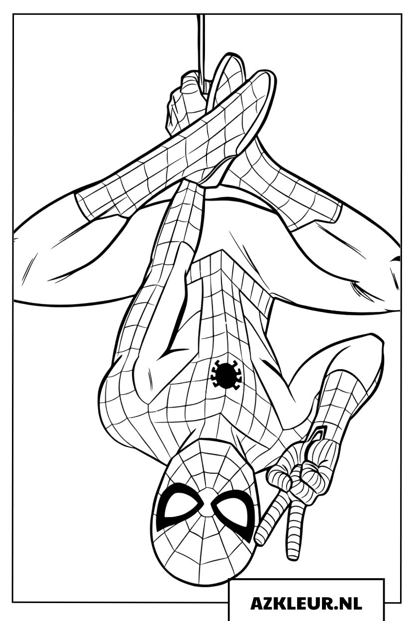 Kleurplaat Spiderman hangt ondersteboven