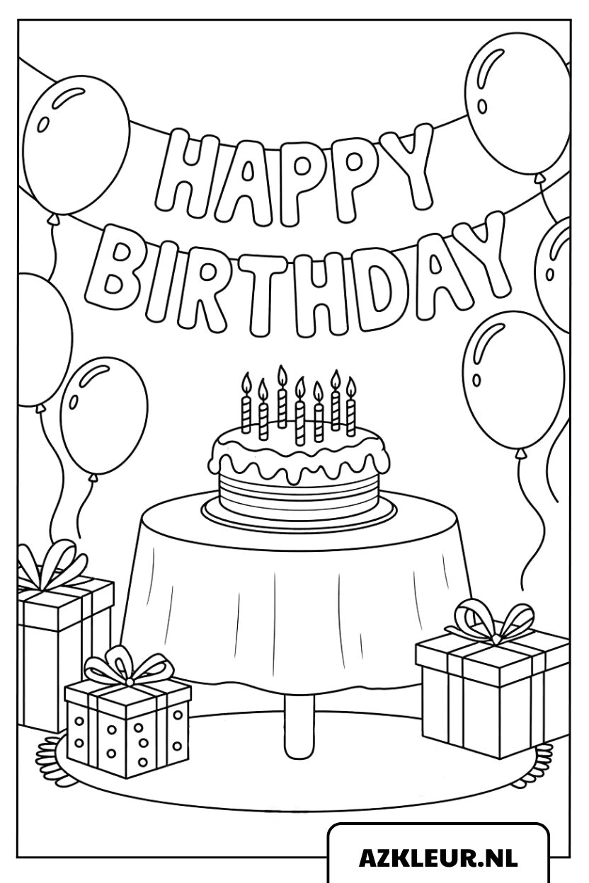 Kleurplaat Verjaardag met taart, ballonnen en slingers