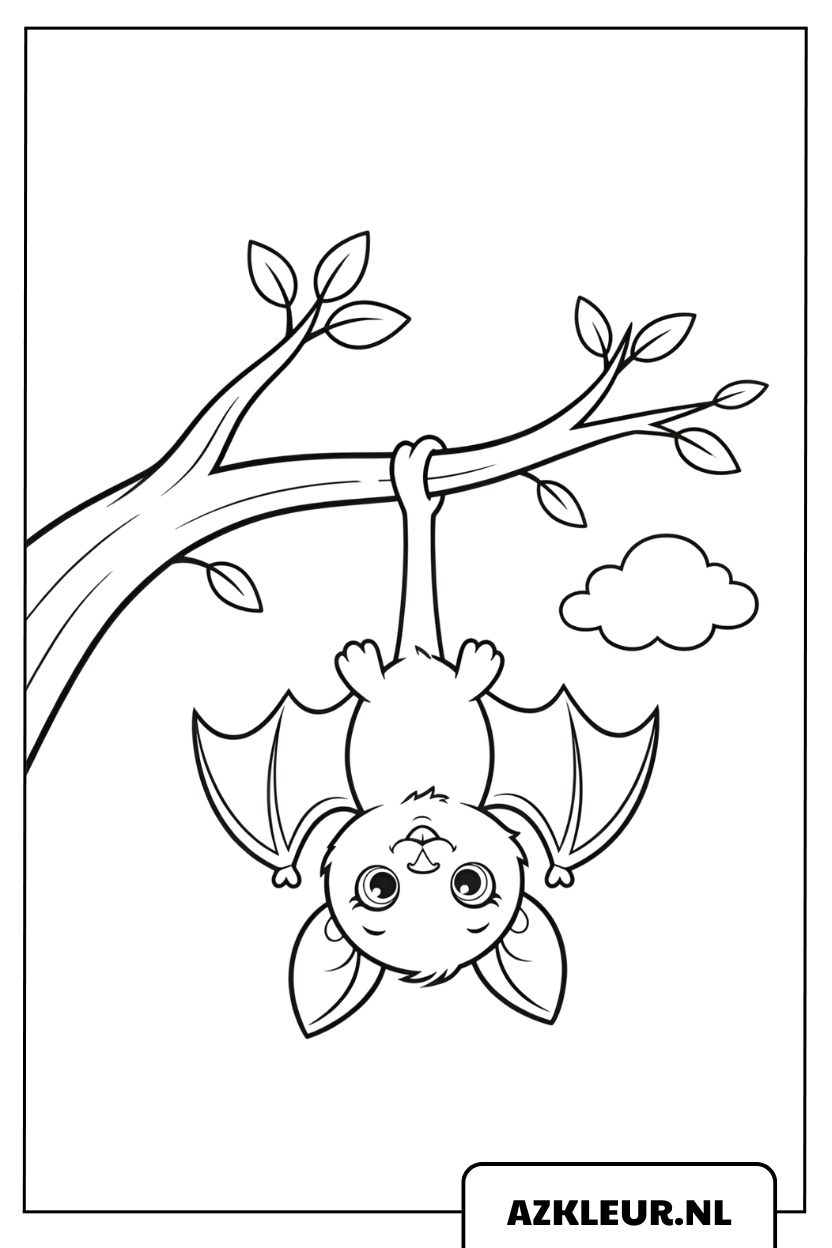 Kleurplaat Vleermuis hangend aan een tak