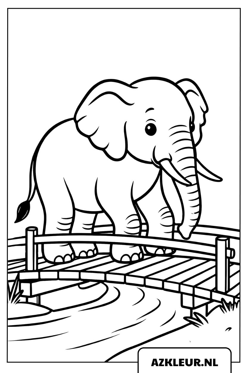 Kleurplaat baby olifant loopt over een brug