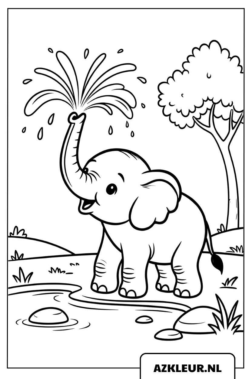 Kleurplaat baby olifant spuit water