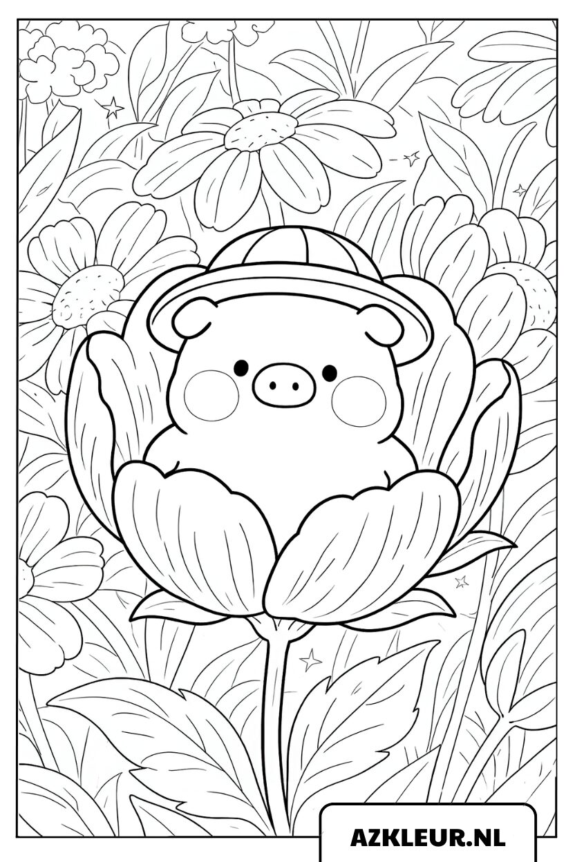 Kleurplaat biggetje in een gigantische tulp