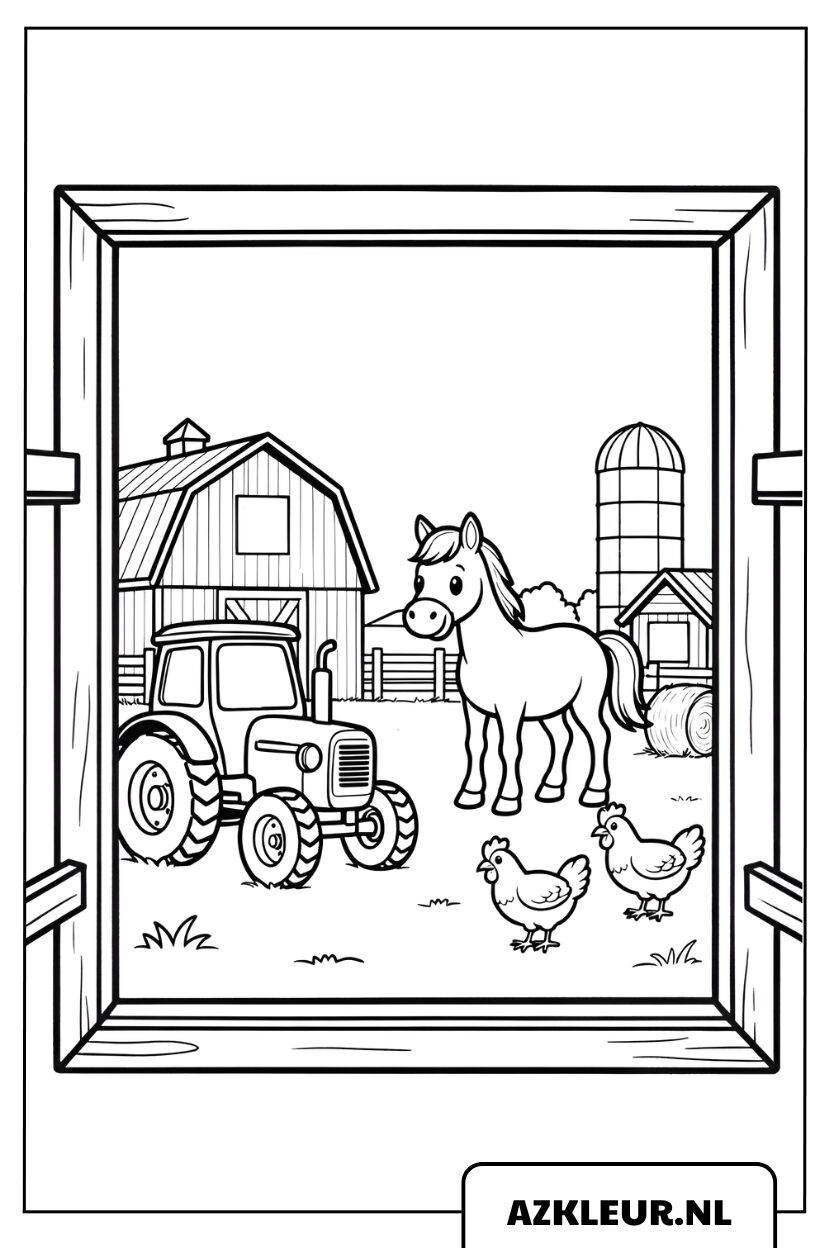Kleurplaat boerderij met schuur en eenvoudige voertuigen