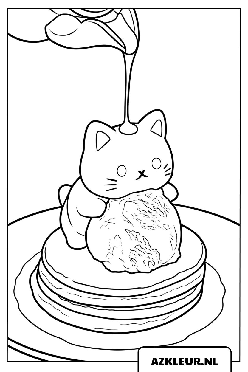 Kleurplaat crêpe en pudding in de vorm van een schattig katje