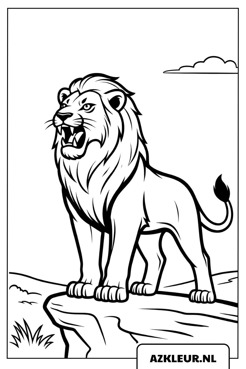 Kleurplaat majestueuze leeuw op een rots