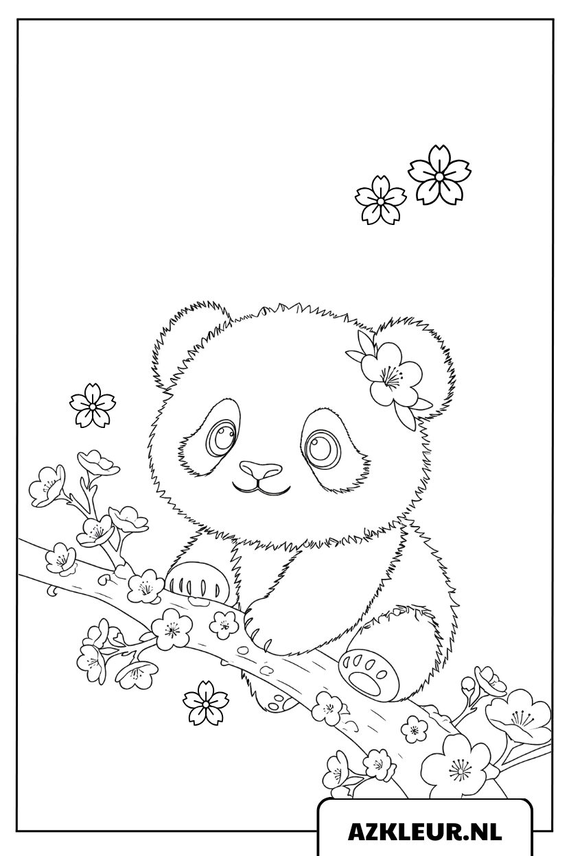 Kleurplaat panda die op een perzikbloesemtak klimt