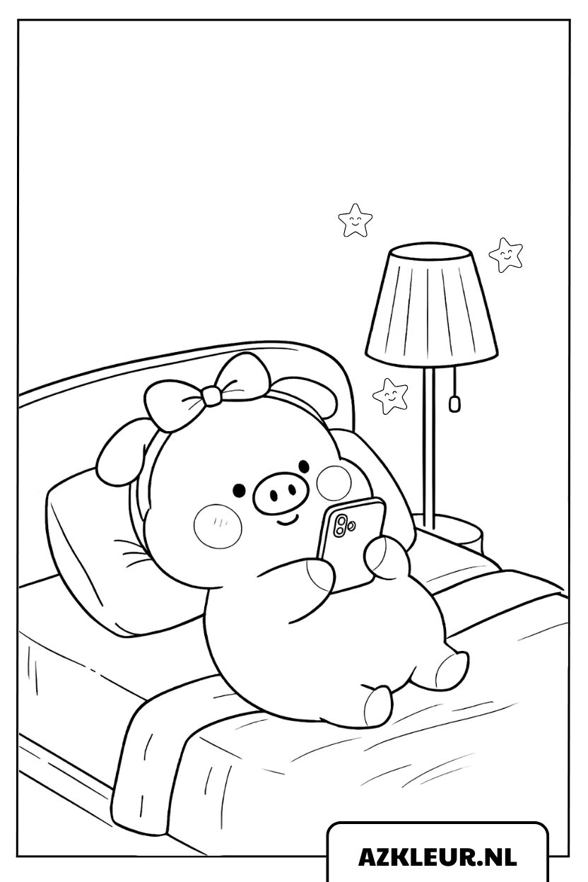 Kleurplaat schattig varkentje dat op bed ligt en met een telefoon speelt