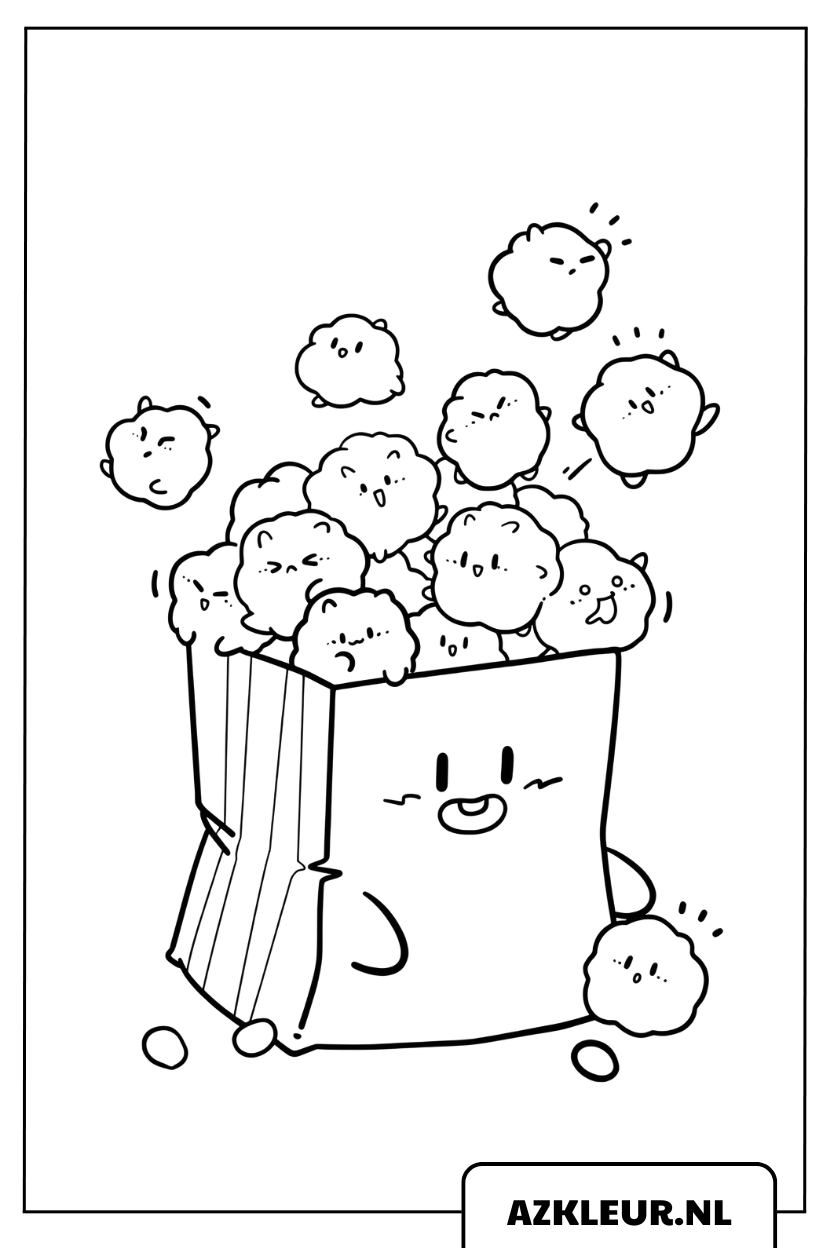 Kleurplaat schattige kawaii popcorn