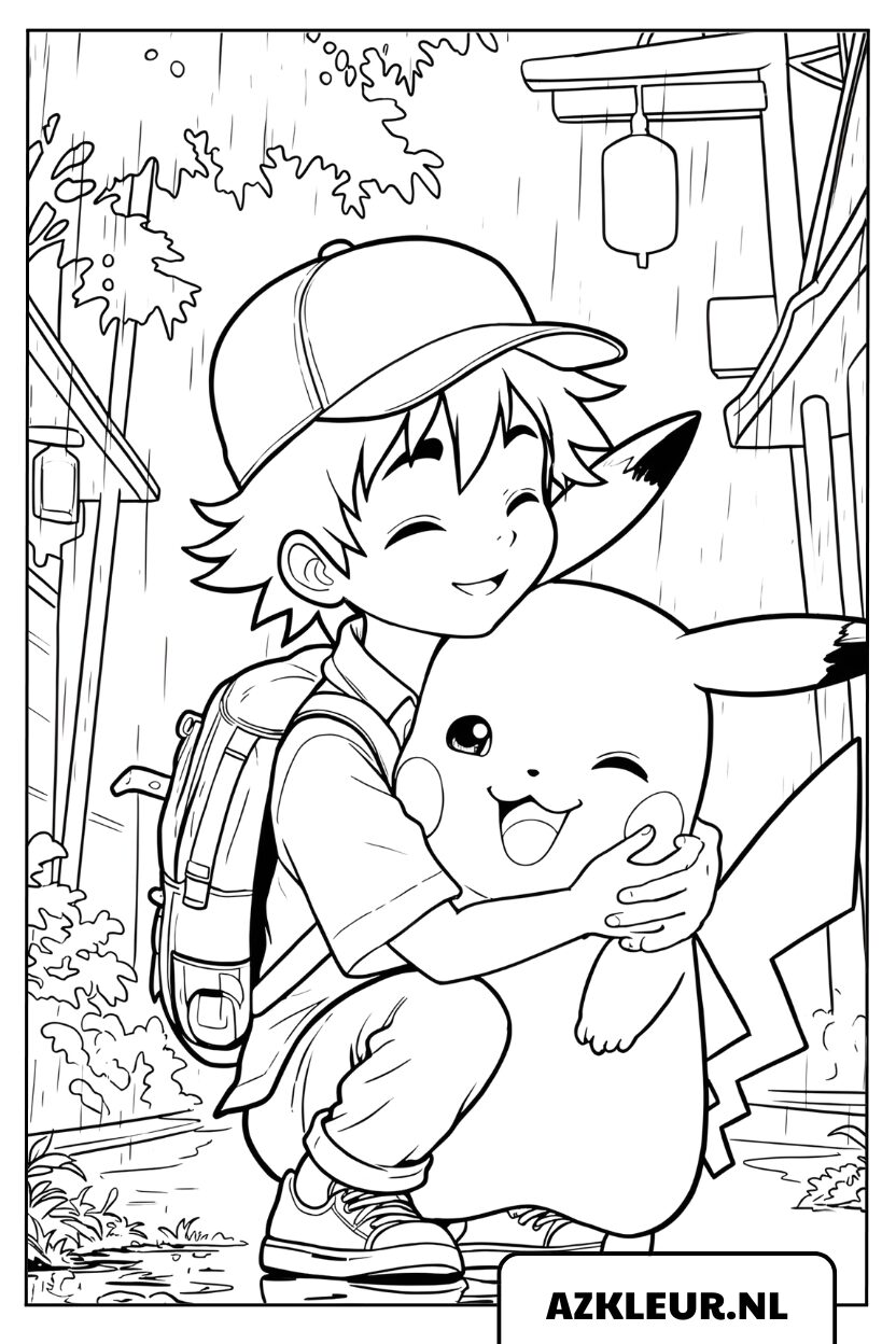 Kleurplaat van Ash Ketchum die Pikachu vasthoudt in de regen