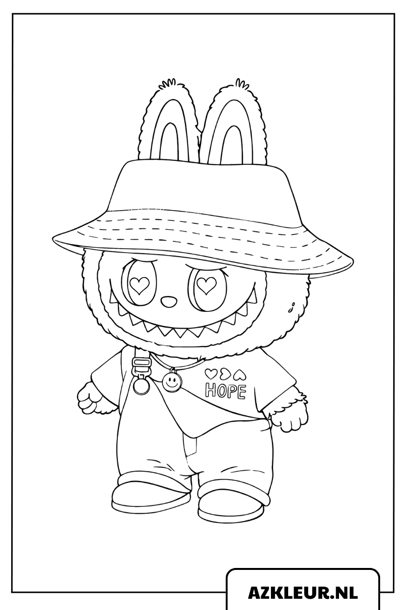 Kleurplaat van Labubu met een zonnehoed, tuinbroek en hartjesogen