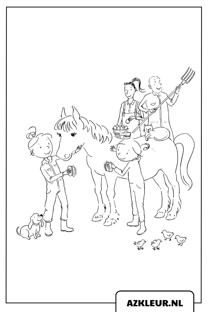 Kleurplaat van de Zoete Zusjes die een paard wassen