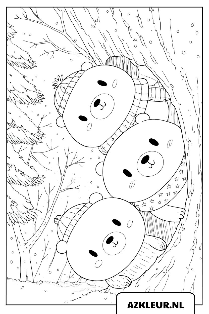 Kleurplaat van drie beren die zich achter een boom verstoppen