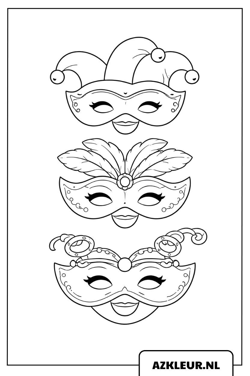 Kleurplaat van drie versierde maskers voor het Carnaval