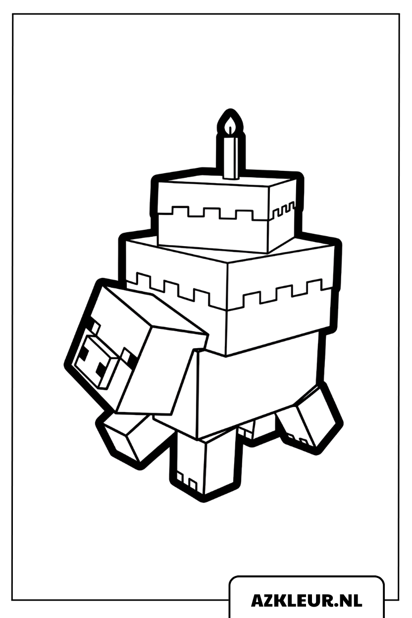 Kleurplaat van een Minecraft varken met een verjaardagstaart