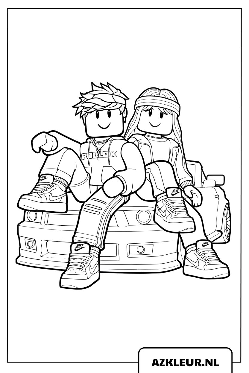 Kleurplaat van een Roblox-koppel dat op een sportauto zit