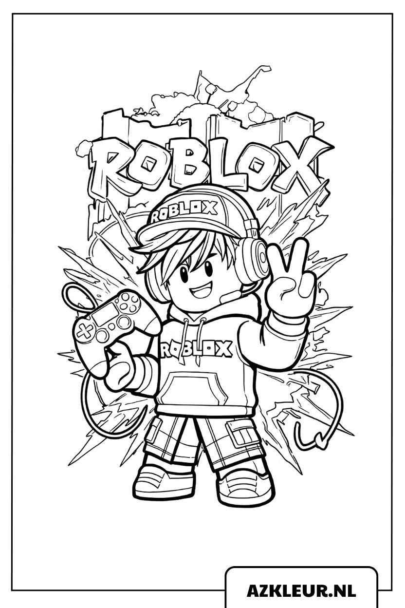 Kleurplaat van een Roblox-personage met een gamecontroller