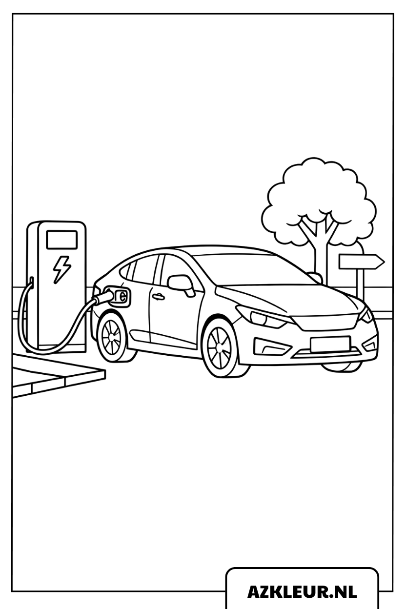 Kleurplaat van een auto bij een elektrisch laadstation