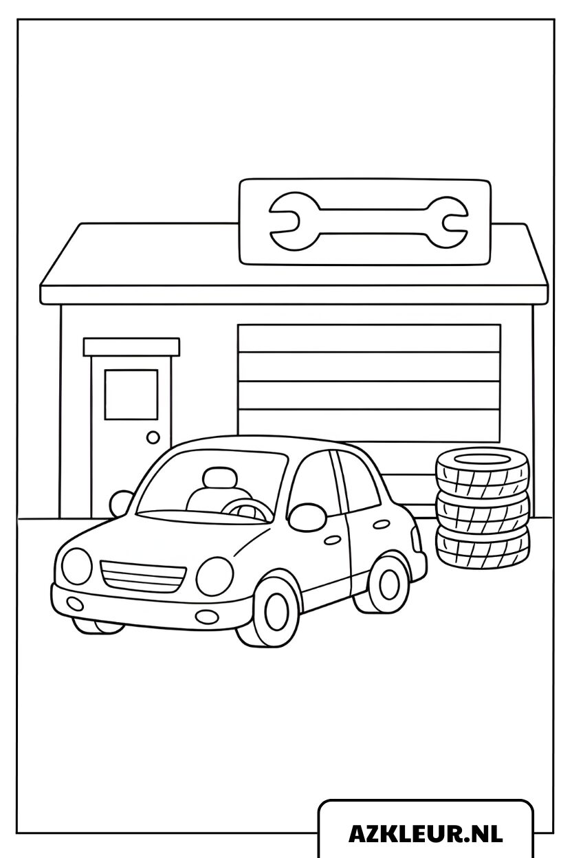 Kleurplaat van een auto geparkeerd voor een garage