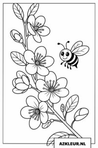 Kleurplaat van een bloesemtak met een schattig bijtje