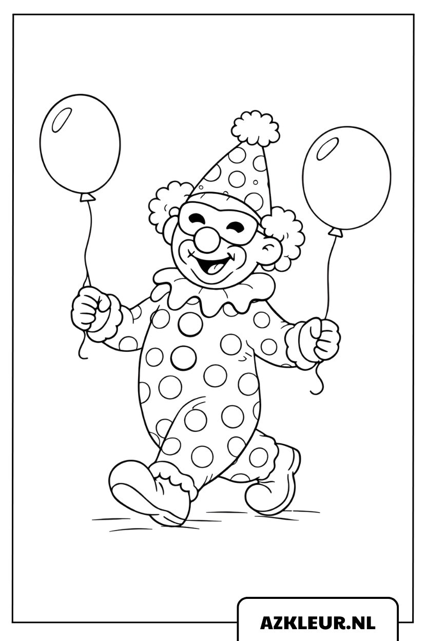 Kleurplaat van een clown met ballonnen tijdens Carnaval
