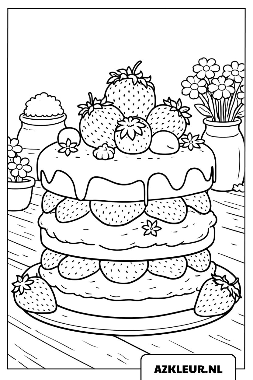 Kleurplaat van een driedelige aardbeientaart