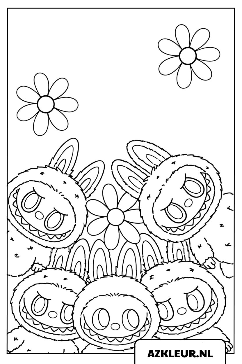 Kleurplaat van een groep vrolijke Labubu’s omringd door bloemen