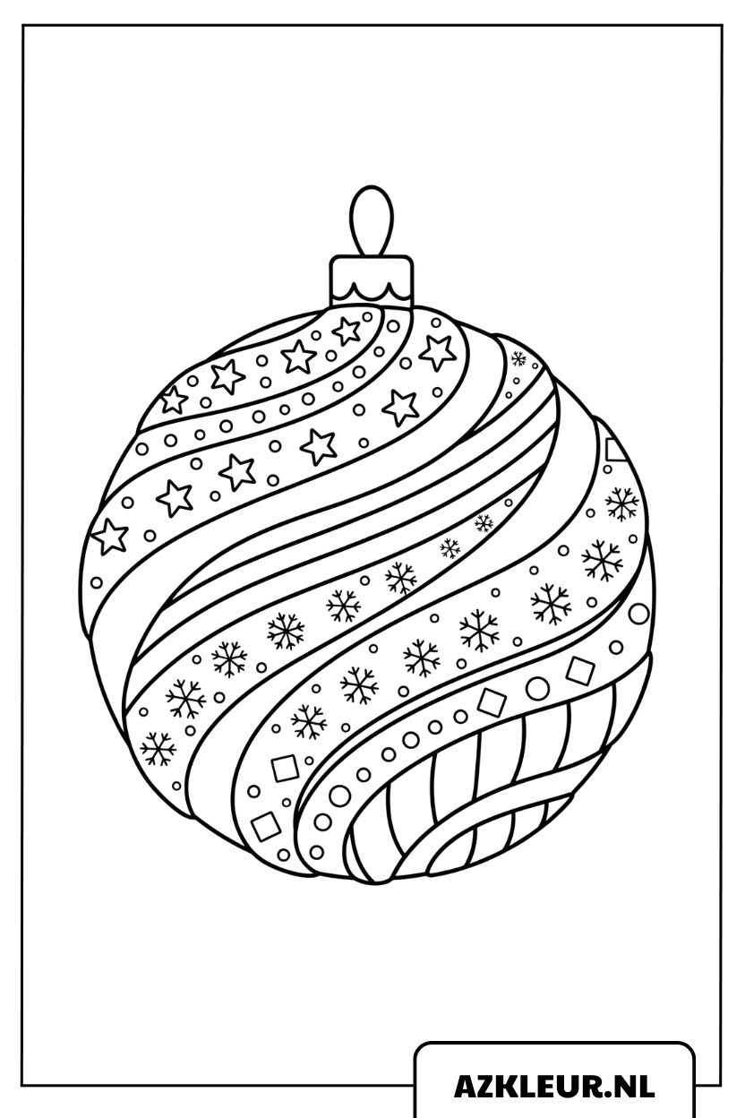 Värityssivu joulupallosta, jossa on aaltoilevat viivat, tähdet ja lumihiutaleet