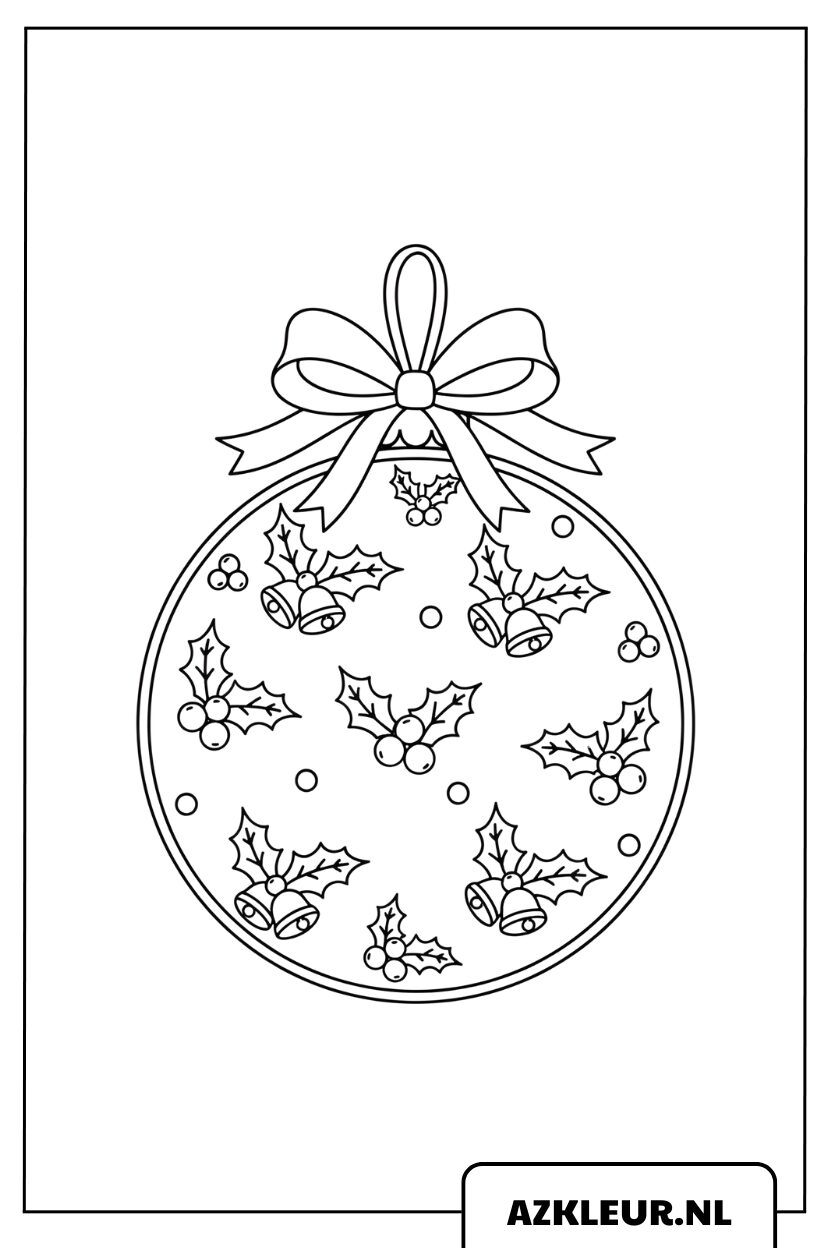 Värityskuva joulupallosta, jossa on holly-lehtiä ja iso rusetti