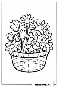 Kleurplaat van een mand vol prachtige lentebloemen