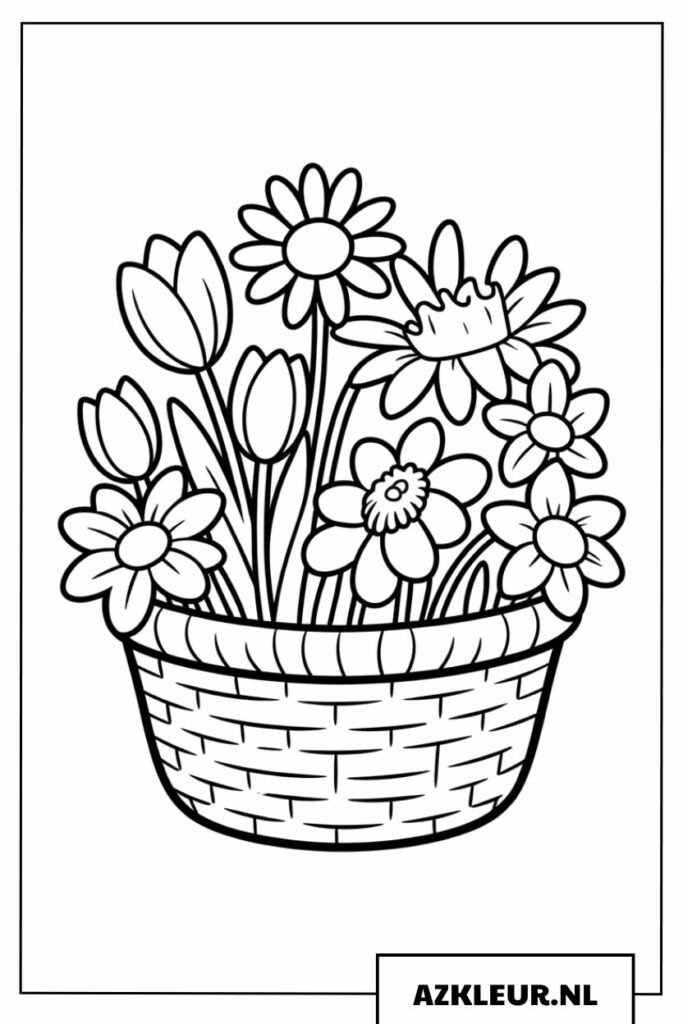 Kleurplaat van een mand vol prachtige lentebloemen