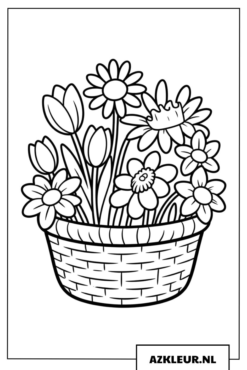 Kleurplaat van een mand vol prachtige lentebloemen