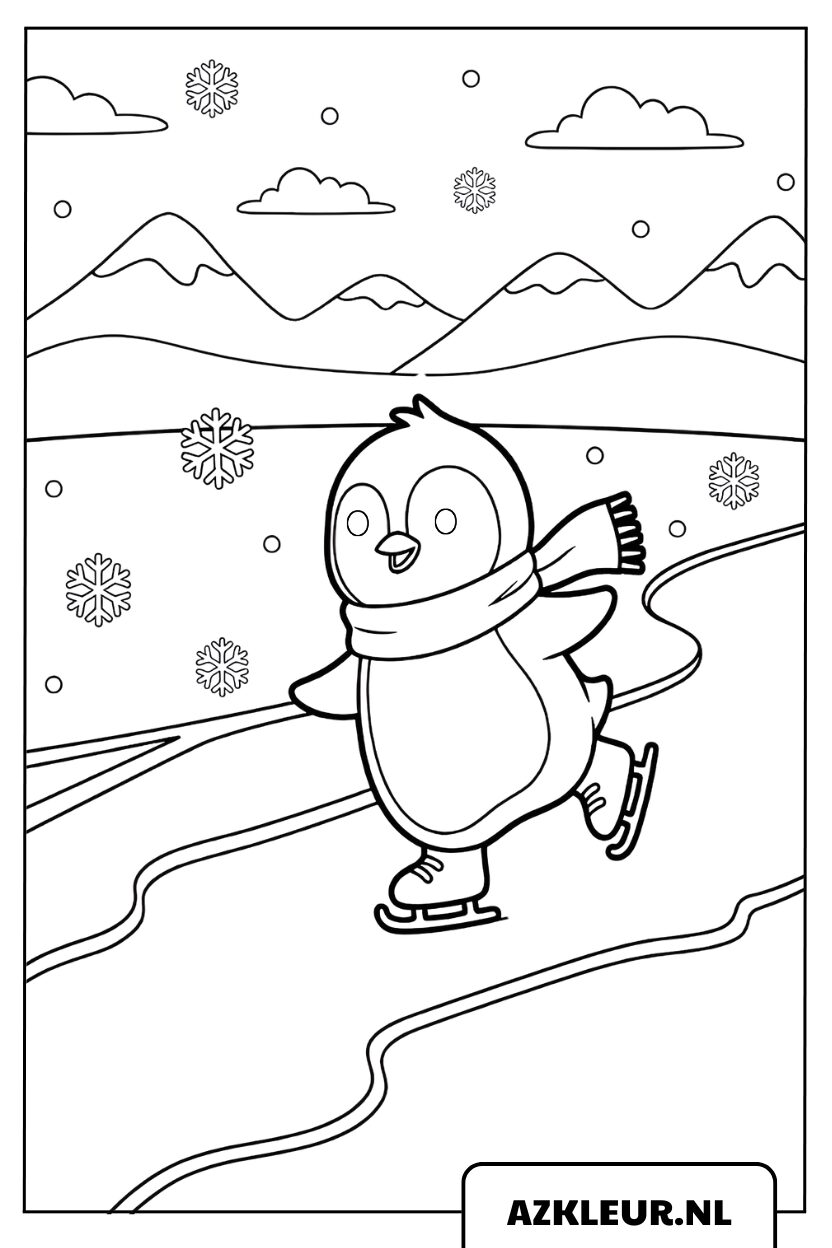 Kleurplaat van een schaatsende pinguïn