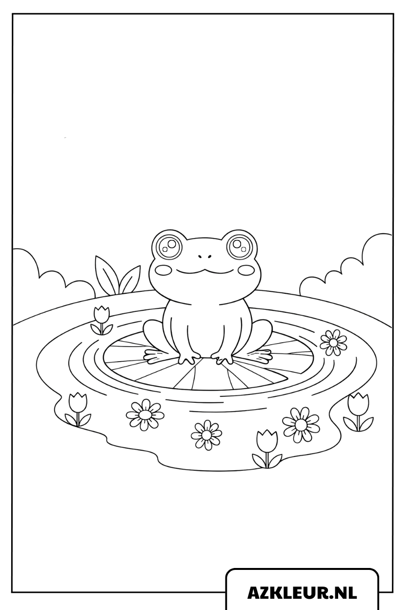 Kleurplaat van een schattige kawaii kikker op een lelieblad