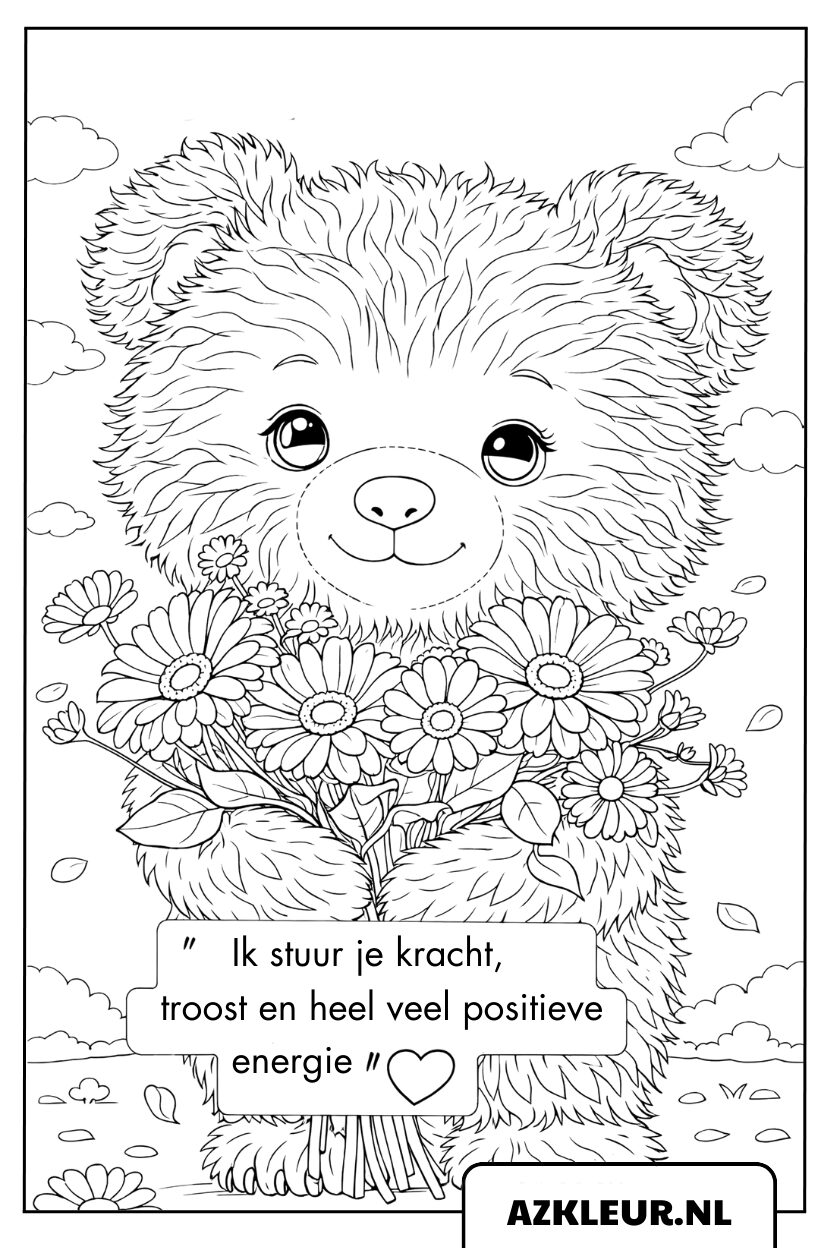 Kleurplaat van een teddybeer en bloemen met een beterschapsboodschap