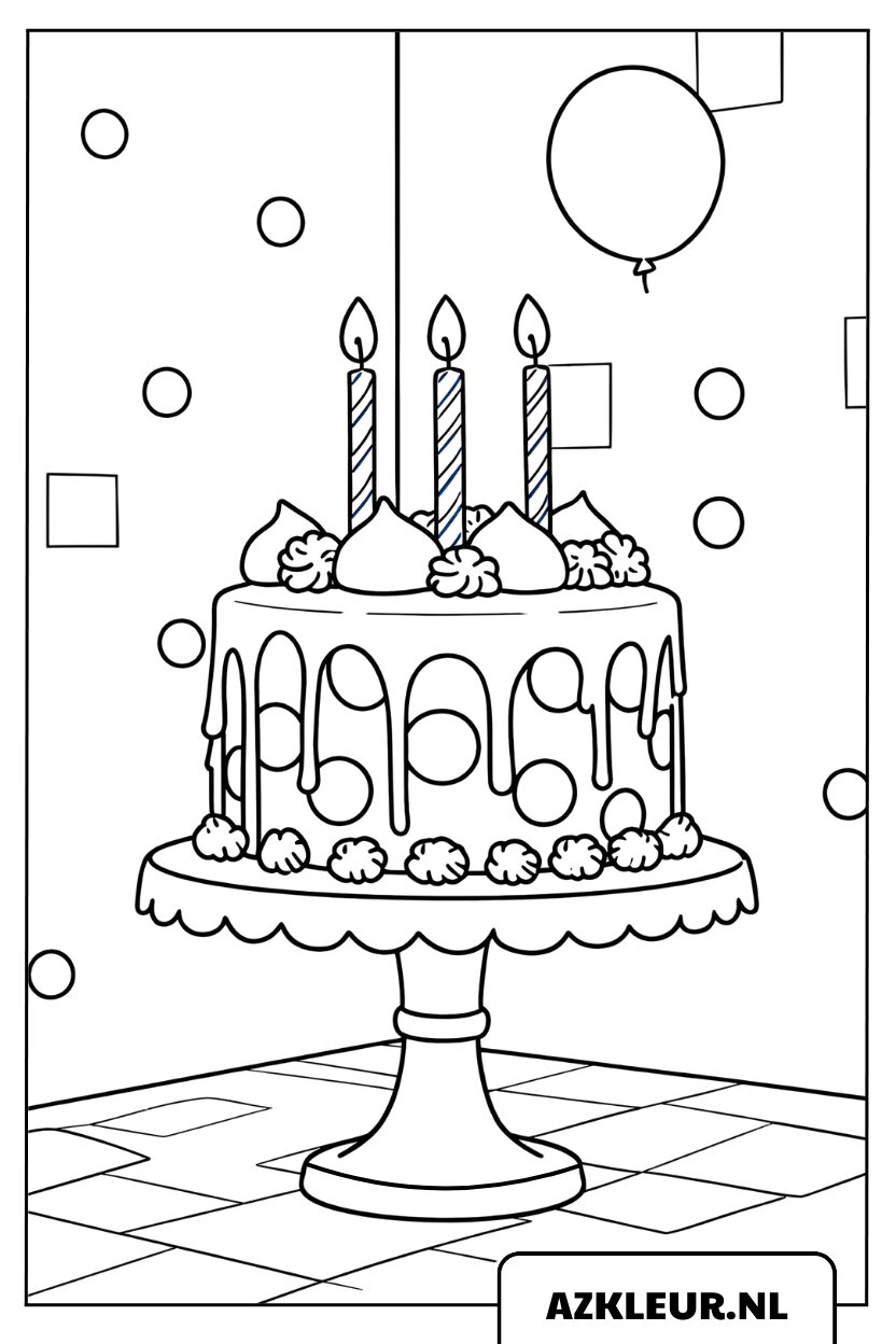 Kleurplaat van een verjaardagstaart met kaarsen en ballonnen