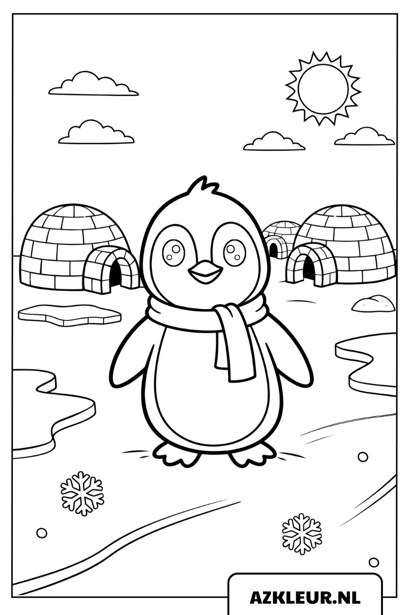 Kleurplaat van een vrolijke pinguïn in de sneeuw