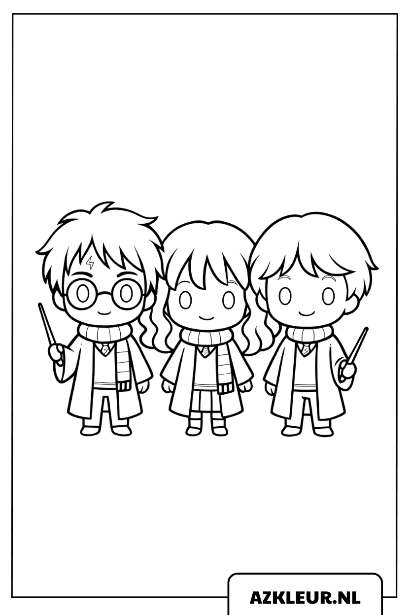 Kleurplaat van het trio beste vrienden van Harry Potter