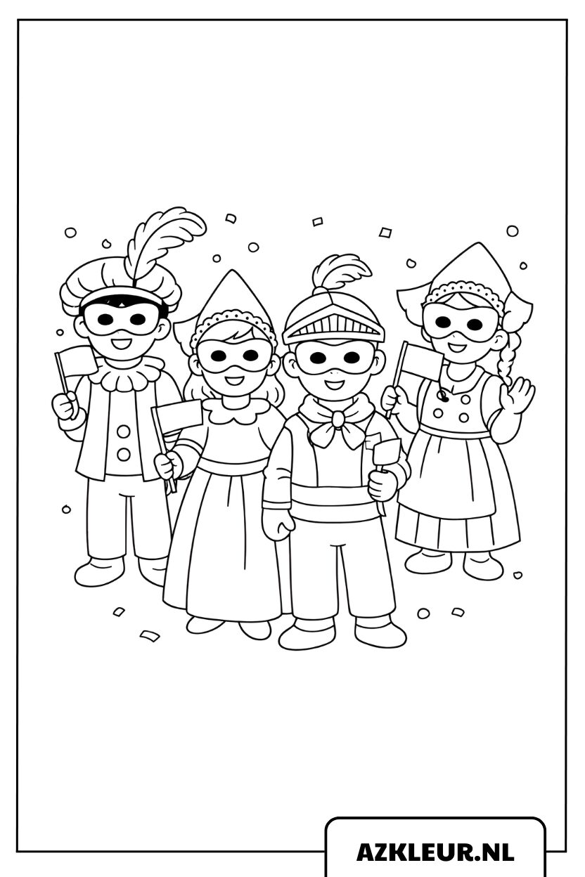 Kleurplaat van kinderen in kostuum op het Carnaval