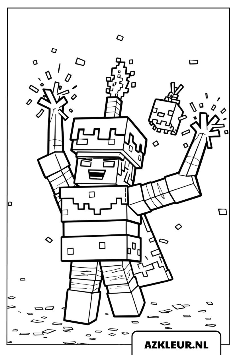 Kleurplaat van một Minecraft personage die feest viert met confetti