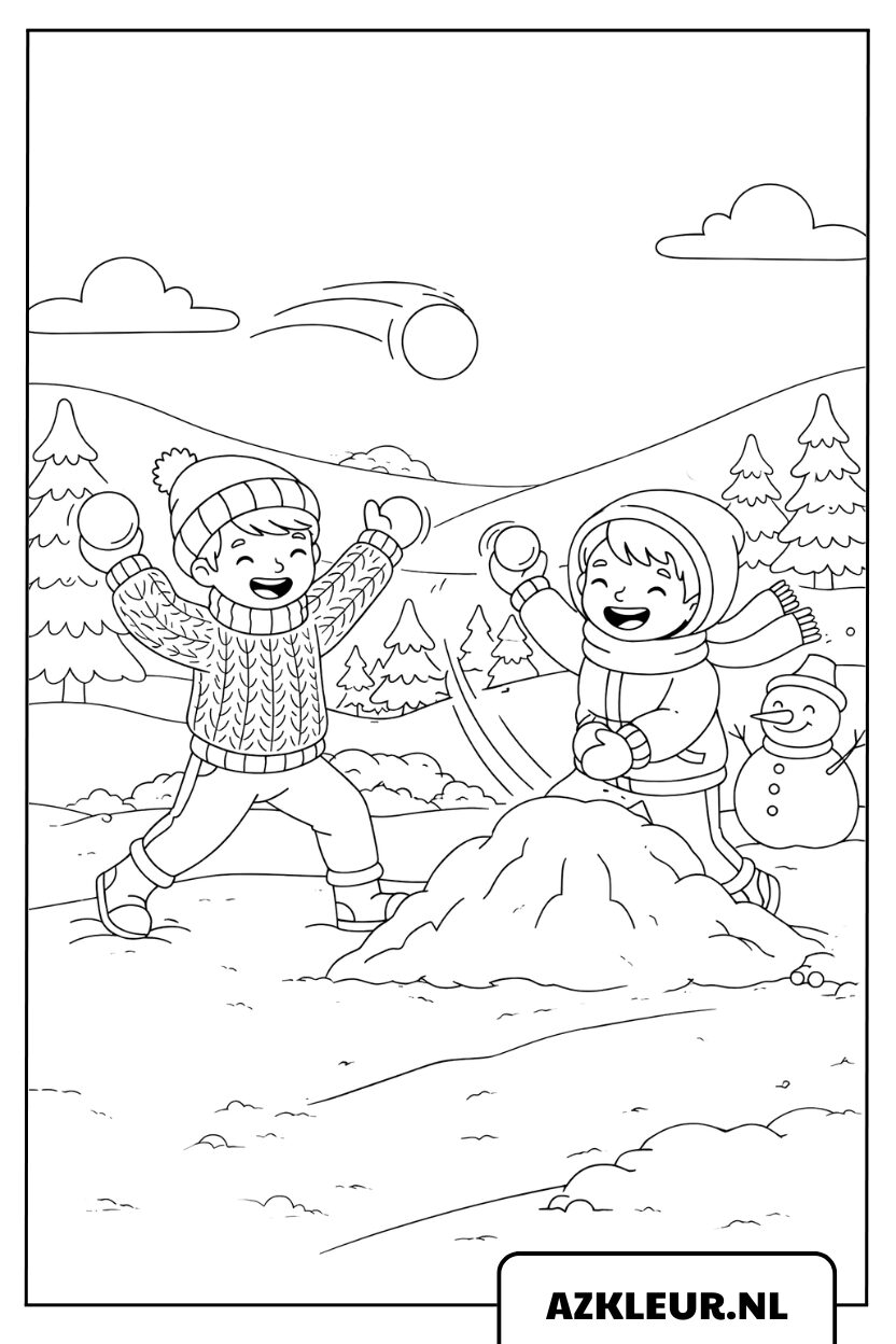 Kleurplaat van twee jongens die sneeuwballen gooien in de winter