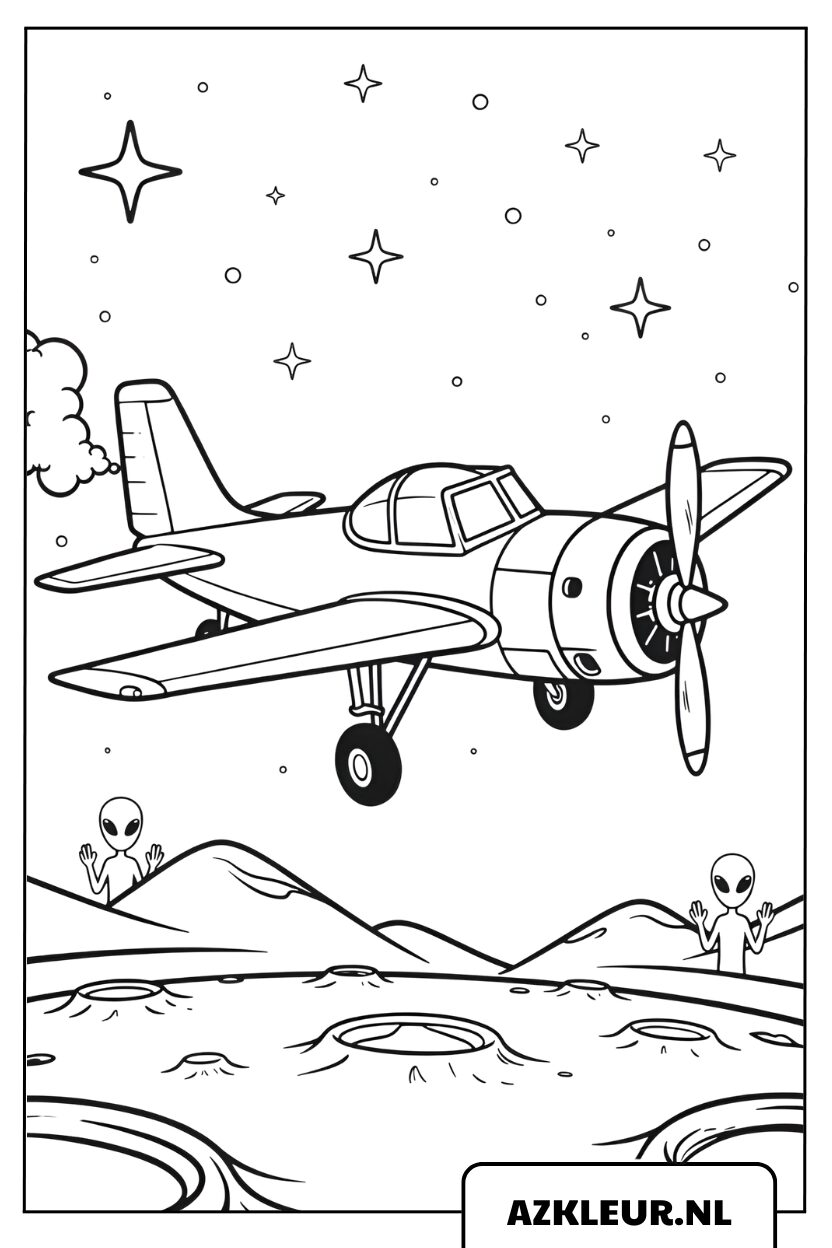 Kleurplaat vliegtuig in de sterrenhemel