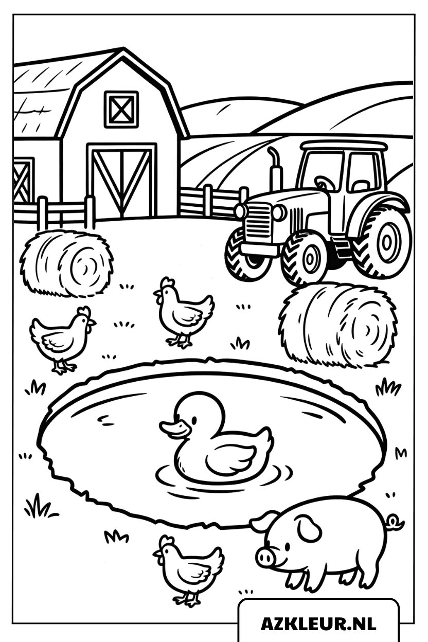 Kleurplaat vrolijke boerderij met tractor en dieren