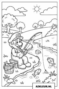 Mario aan het vissen bij de rivier kleurplaat