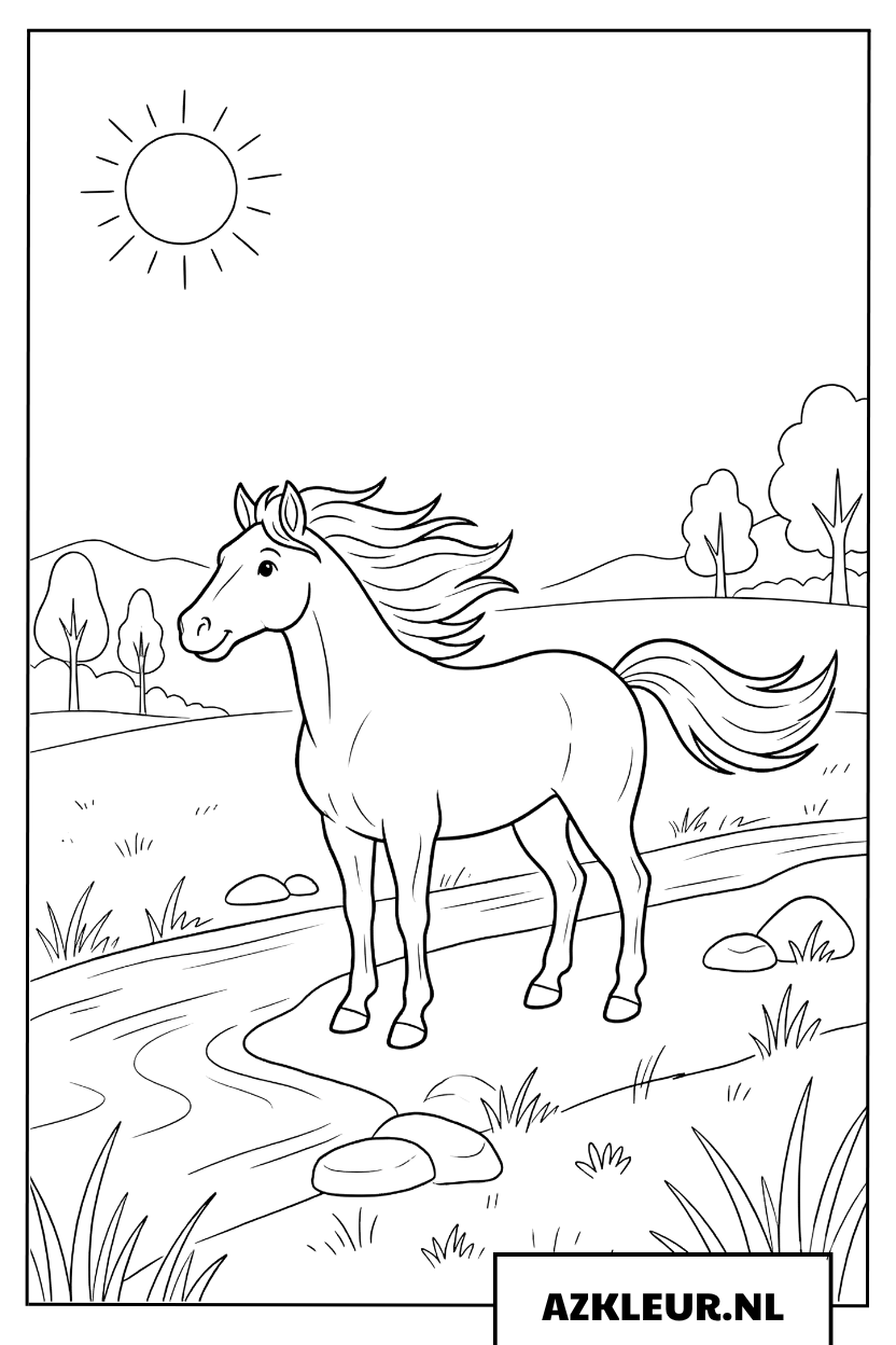 Paard bij een Rivier Kleurplaat
