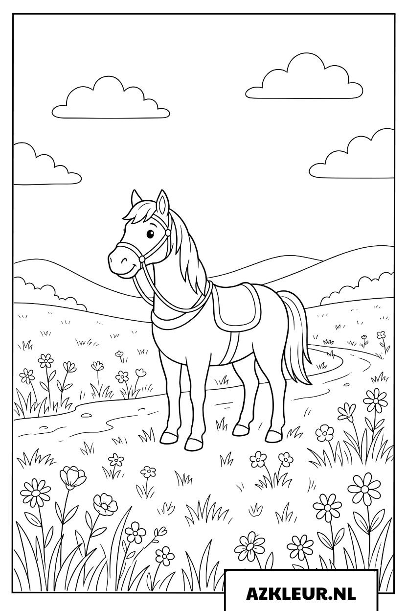 Paard in een Rustige Weide Kleurplaat
