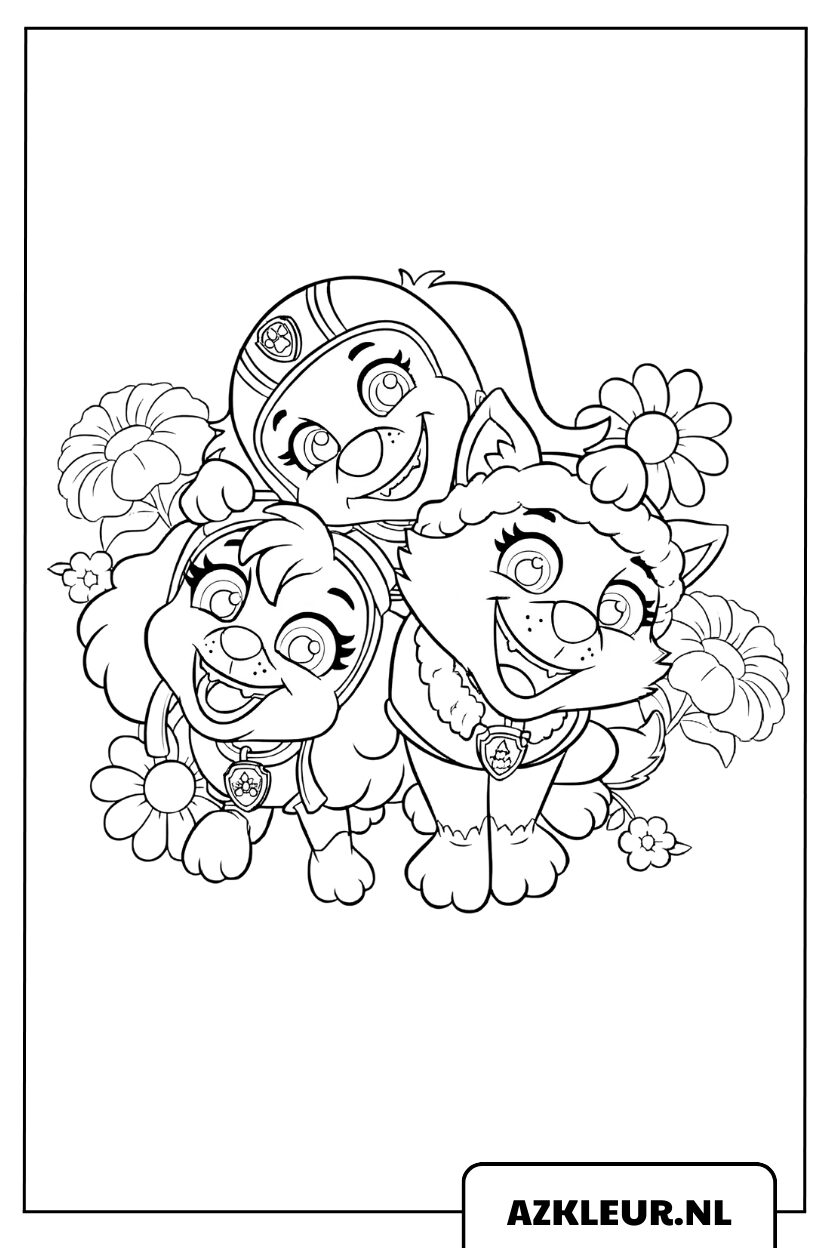 Paw Patrol kleurplaat Marshall Skye en Chase vrolijk tussen bloemen