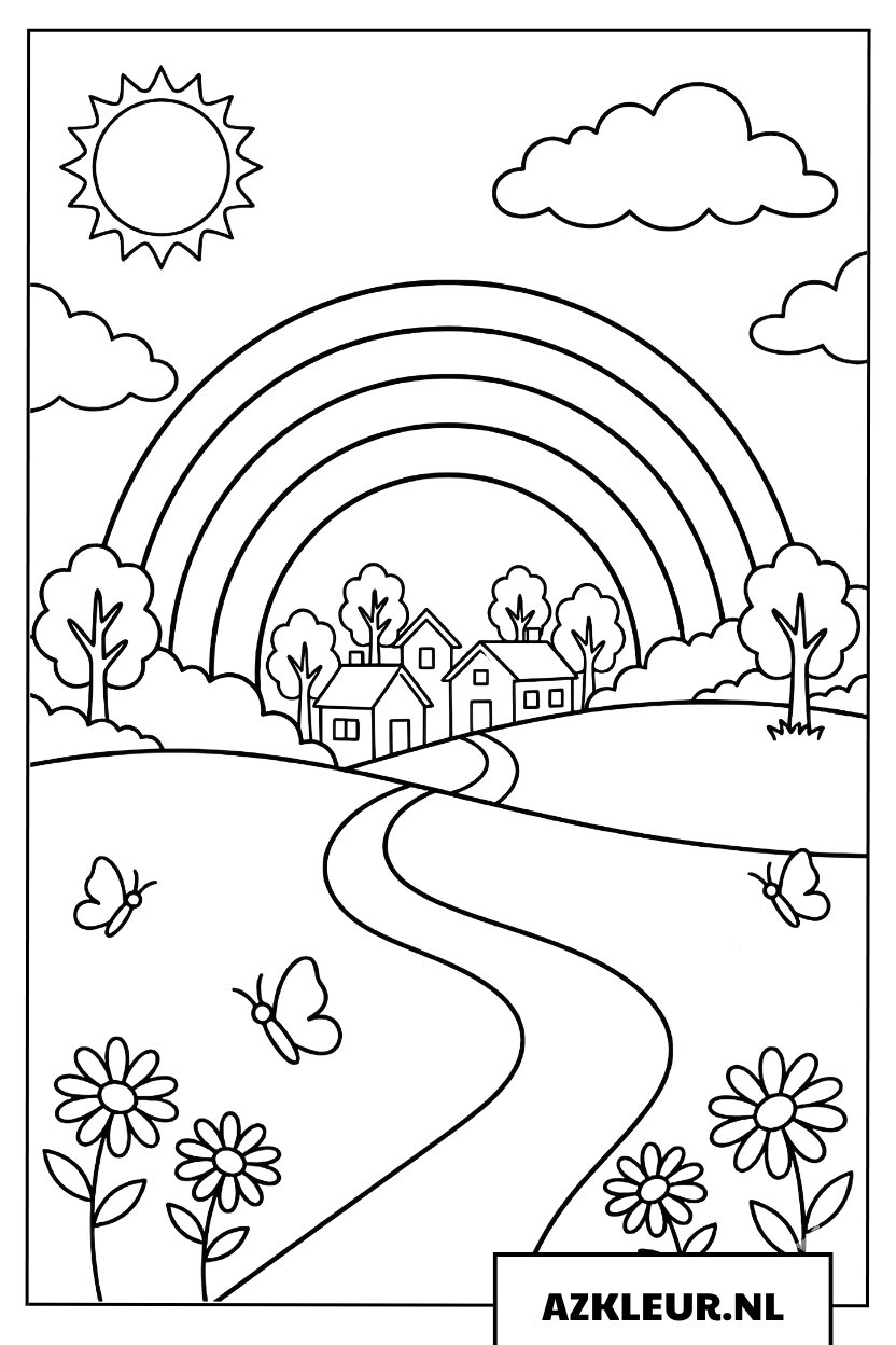 Regenboog boven een Klein Dorp Kleurplaat