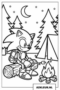Sonic kleurplaat kamperend in het bos ’s nachts