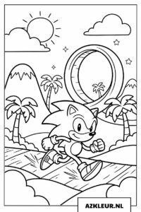 Sonic kleurplaat rennend door een loop op een tropisch eiland